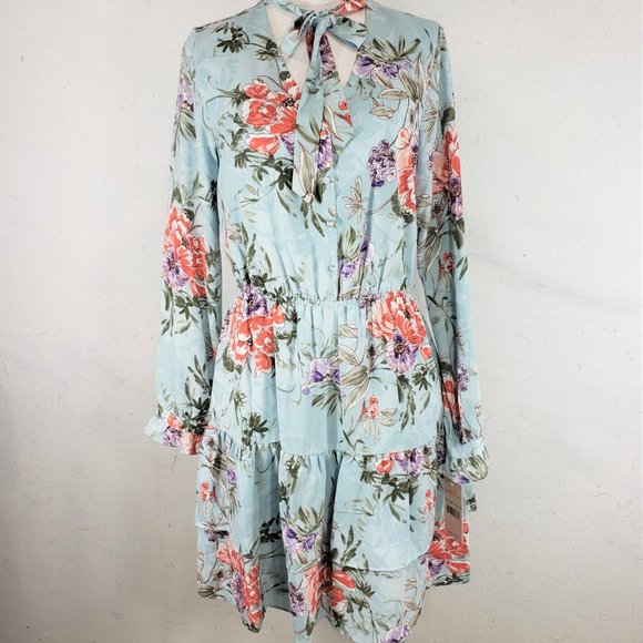 Nanette Lepore Aqua Floral LS Tie Neck Aqua Tiered Dress, 8 - Picture 12 of 12